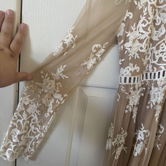 Embroidered Babydoll Maxi Dress Fairy Romantic Sheer Size Large Boho Mesh Lace - Picture 4 of 12